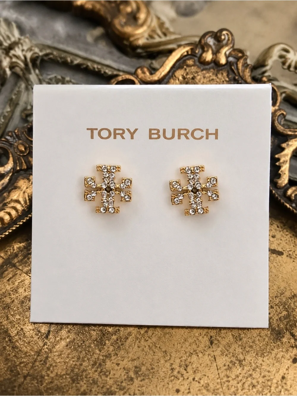 TORY BURCH • Gold Crystal Logo Earrings